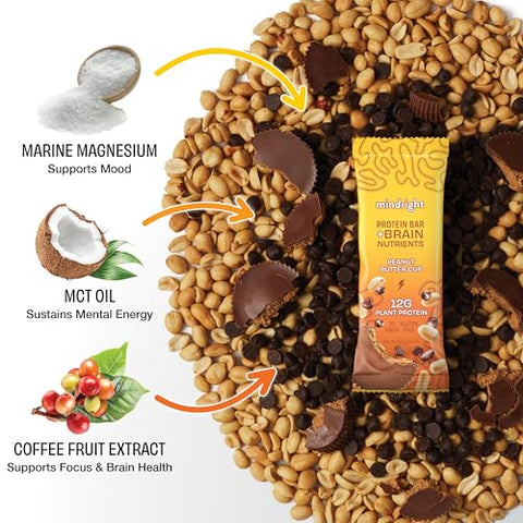 mindright - Mindright Superfood Barra de Proteína Vegana | Sem Glúten, Não-Transgênica, Baixo Teor de Açúcar | Snack Cerebral para Melhorar o Humor, Energia e Foco | Pacote com 12 (Peanut Butter Cup)