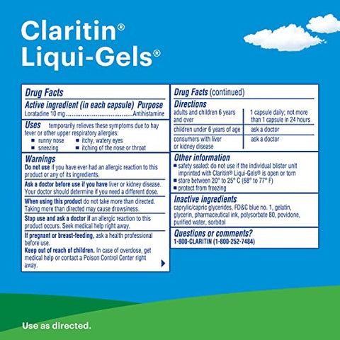 Liqui-Gels 24 Horas Alívio de Alergia, Medicamento Antialérgico Não Sonolento, Cápsulas de Loratadina, 60 Unidades - Claritin
