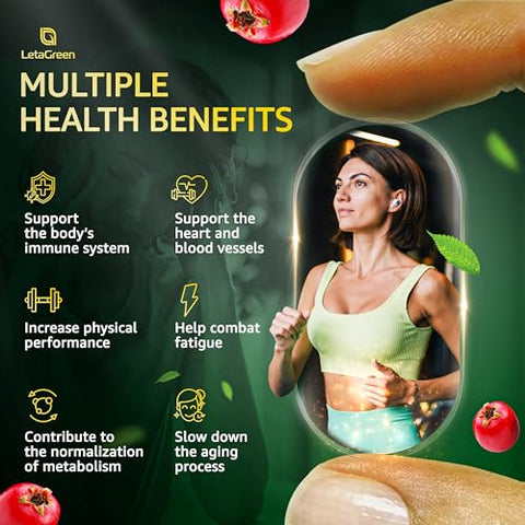 LetaGreen - Cápsulas de Espinheiro-Alvar Orgânico – Extrato de Espinheiro-Alvar 2000mg com Hipérico 2500mg Rhodiola Rosea 4000mg Folha de Oliveira 1000mg Shiitake 1000mg Cogumelo Reishi 1000mg Quercetina