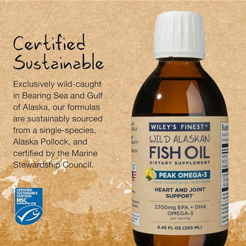 Wiley's Finest - Wiley’s Finest Ômega-3 Líquido de Óleo de Peixe Selvagem do Alasca – 2300mg EPA e DHA Ômega-3s – Sabor Limão – 250ml (50 Porções)