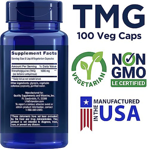 TMG 500mg – Cápsulas Vegetais Líquidas 100 Unidades – Trimetilglicina (Betaína de Glicina) – Sem Glúten, Não-OGM, Vegetariano - Life Extension