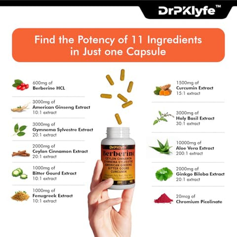 DrPKLyfe - Berberine Complex 11 em 1: Suplemento de Berberina com Canela do Ceilão, Ginseng, Curcumina e Manjericão Sagrado
