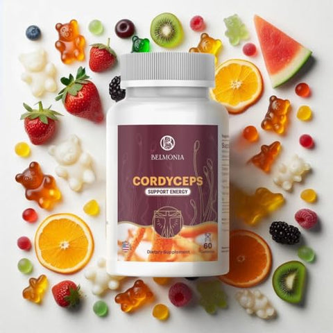 Belmonia - Gummies de Cogumelo Cordyceps | 5400mg por Porção | Cereja, Uva, Maçã, Laranja | 60 Gummies de Pectina | Estimulante Natural de Energia e Resistência | Suplemento Vegano | Fabricado nos EUA