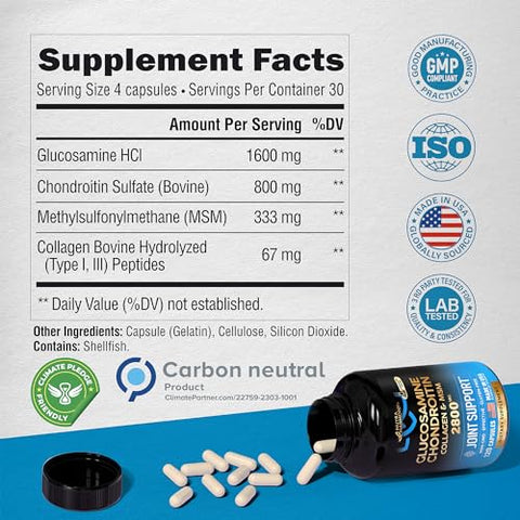 NUTRAHARMONY - Glucosamina | Condroitina | MSM | Colágeno – 2800 mg Suplemento de Suporte Articular – Fabricado nos EUA – Elegível para FSA HSA – Saúde da Cartilagem, Mobilidade