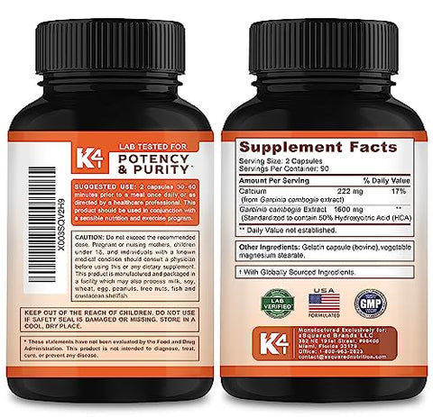 K4 Keto - Garcinia Cambogia 1600 mg (180 Cápsulas) – Extrato Puro Natural – Suplemento em Cápsulas Padronizado como Alternativa a Gotas, Gomas, Líquido e Chá – Garcinia Cambogia 1600 mg – Primeiro a Marca do Produto