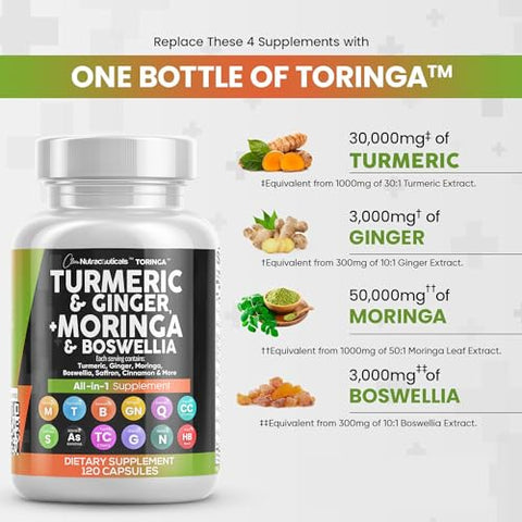 Clean Nutraceuticals - Turmeric Curcumin 30000mg Ginger 3000mg Moringa 50000mg Boswellia 3000mg Saffron 2000mg – Suporte Articular para Mulheres e Homens com Canela do Ceilão, Quercetina, Cereja Azeda