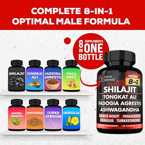 Novo Blends - Shilajit 3000mg Tongkat Ali 15,000mg Fadogia Agrestis 1000mg Maca Root 2000mg Ashwagandha 4000mg Fenugreek 1500mg Tribulus Terrestris 500mg Turkesterone 500mg – Potente Suplemento 8-em-1 para Energia e Vitalidade