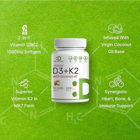 DEAL SUPPLEMENT - Vitamina D Sunshine – D3 10000 UI com K2 MK7 200mcg, Infundida com Óleo de Coco Virgem, Suporte para Ossos, Dentes e Sistema Imunológico – Fácil de Engolir
