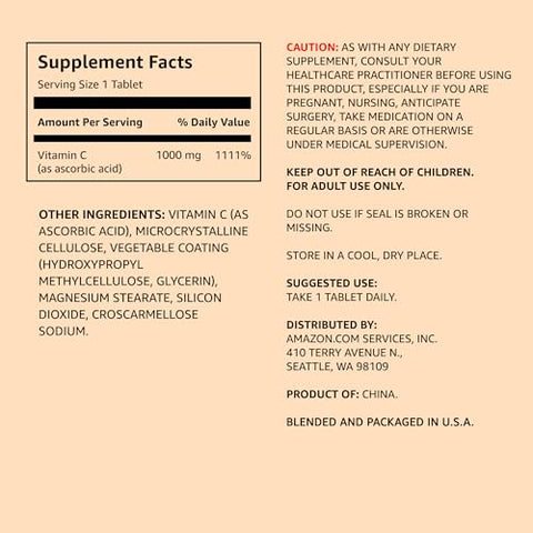 Vitamina C 1000mg, Suporte ao Sistema Imunológico Saudável, Vegano, 300 Comprimidos, Suprimento de 10 meses - Amazon Elements
