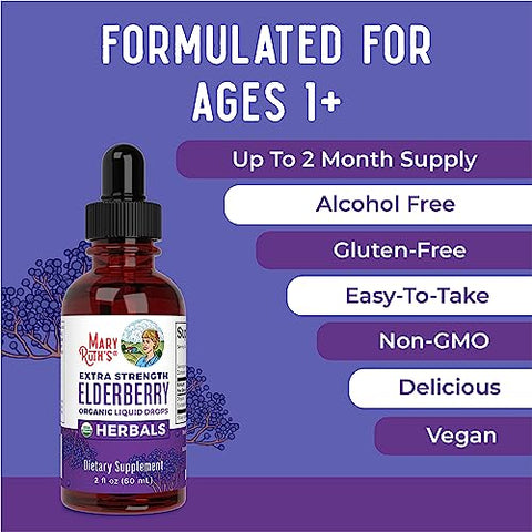 Xarope de Sabugueiro Extra Forte, Orgânico Certificado USDA, Sem Açúcar para Adultos – 120ml - MaryRuth Organics