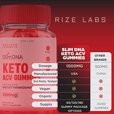 rize labs - (5 Pacotes) Gomas SlimDNA Keto – Gomas SlimDNA Keto ACV para Perda de Peso Avançada – Gomas SlimDNA Keto com Vinagre de Maçã – Suplemento para Queima de Gordura Abdominal – Extra Forte – Gomitas (300g)