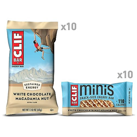 Clif Bar - CLIF BAR – Barra de Energia Sabor Macadâmia com Chocolate Branco – Tamanho Grande e Mini – Feita com Aveia Orgânica – Não-OGM – Baseada em Plantas – 68g e 28g (20 Unidades)