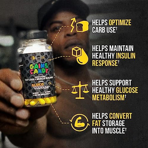 Gains Candy: Pílulas Suplementares para Apoio à Perda de Peso, Construção Muscular, Redução de Gordura Corporal e Aumento de Energia - ALPHA LION