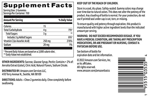 Gomas de Vitamina C 250 mg, Laranja, 300 Unidades (2 Pacotes de 150), 2 por Porção (Anteriormente Solimo) - Amazon Basics