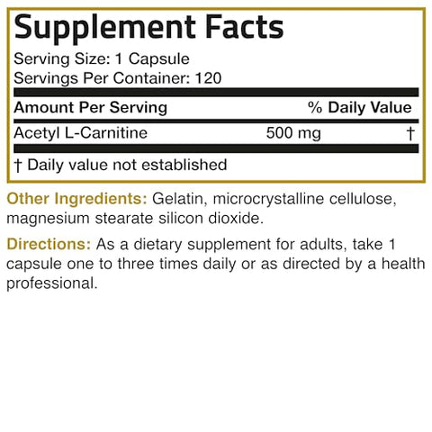 Acetyl L-Carnitine 500 MG – Aminoácido de Alta Potência, 120 Cápsulas - Bronson