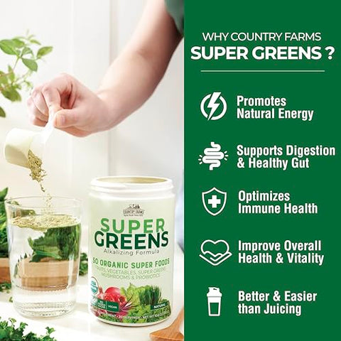 Super Greens: 50 Alimentos Orgânicos, Mix de Bebida Orgânica, Sabor Natural, Frutas, Vegetais, Super Greens, Cogumelos – 50g - COUNTRY FARMS