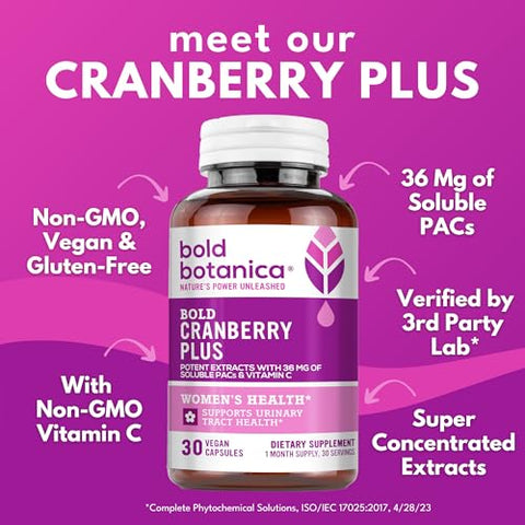 Bold Botanica - Bold Cranberry Plus – 36 mg PAC 100% Solúvel do Extrato de Suco – Suporte ao Trato Urinário UTI – Comprimidos de Cranberry para Mulheres