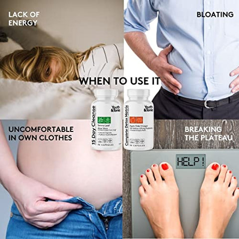 Youth & Tonic - Detox Cleanse Kick Off – Gerenciamento de Peso e Limpeza Extra do Cólon. 4 unidades para Perda de Água, Inchaço, Barriga Lisa, Retenção de Líquidos com Vinagre de Maçã, Folha de Sene, Glucomanano
