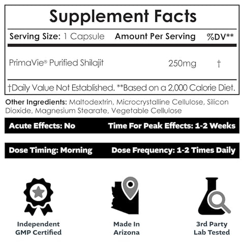 PrimaVie Shilajit Cápsulas | 250mg | 90 Unidades | Extrato Puro | Erva Ayurvédica | Suporta Função Mitocondrial Aumenta Resistência - Nootropics Depot