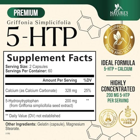 Nature's Nutrition - 5HTP Plus Calcium 200mg – Cápsulas de Suplemento para o Cérebro – Fórmula de Griffonia Simplicifolia 5-HTP – 5-Hidroxitriptofano – Natural, Vegetariano, Sem Glúten