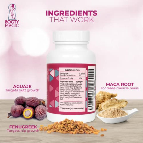 Booty Magic - Pílulas para Aumento do Bumbum – 2 Meses de Fornecimento de Pílulas para um Bumbum Maior, Mais Arredondado e Volumoso com Extrato de Raiz de Maca e Extrato de Feno-Grego
