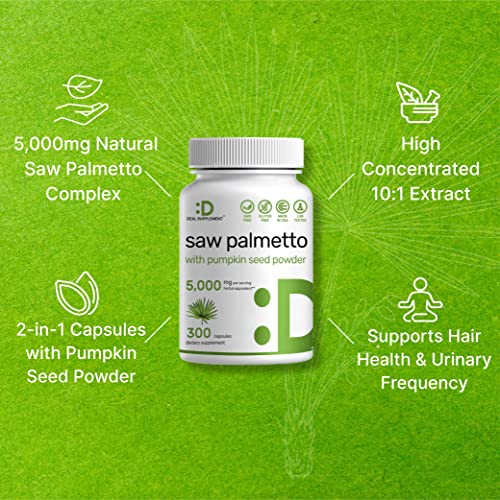 DEAL SUPPLEMENT - Saw Palmetto 5000mg com Semente de Abóbora, 300 Cápsulas | Saúde da Próstata | Bloqueador de DHT | Vitaminas para o Crescimento Capilar, Manutenção da Frequência Urinária Normal