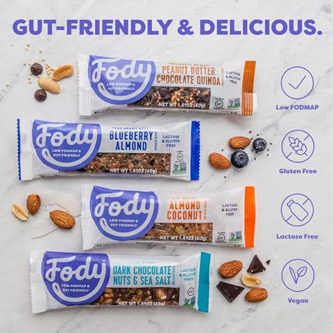 Barras de Proteína Vegana Fody Foods | Snack Bar com 3g de Proteína | Certificado Low FODMAP | Amigável ao Intestino e IBS | Sem Glúten, Lactose e GMO | Barras de Amêndoa e Mirtilo, 12 unidades