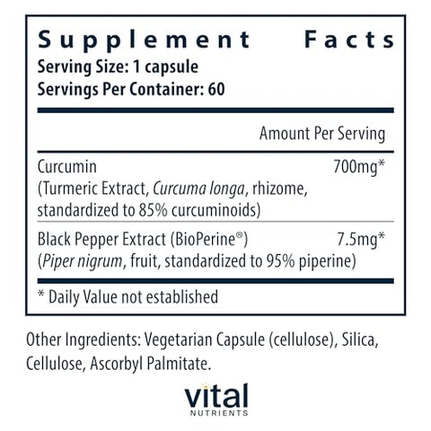 Curcumin Extract 700mg | Suplemento Vegano de Curcumina com Extrato de Pimenta Preta | Suporte Antioxidante para Articulações, Fígado e Saúde Celular | Livre de Glúten, Laticínios, Soja - Vital Nutrients