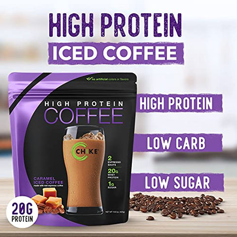 CHIKE - Chike Caramel Café Gelado Rico em Proteína, 20g Proteína, 2 Shots de Espresso, 1g Açúcar, Amigável à Dieta Keto e Sem Glúten, 14 Porções (420ml)