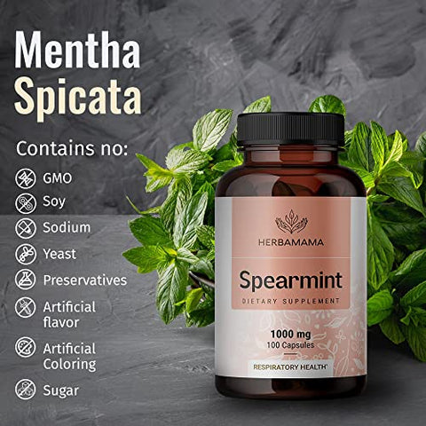 HERBAMAMA - 100 Cápsulas de Hortelã-pimenta – 1000 mg – Suplemento Diário Orgânico de Mentha Spicata – Suporte Natural para Digestão : Spearmint