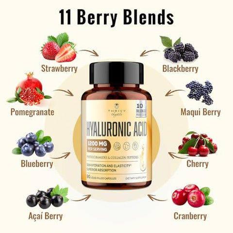 ThrivyThystle - Cápsulas de Ácido Hialurônico – Hylunaric Acid 1200 mg, com Peptídeos de Colágeno, Vitamina C, Fitoceramidas – Suplemento de Ácido Hialurônico para Pele, Olhos, Ossos, Gastrointestinal (1 Pacote)