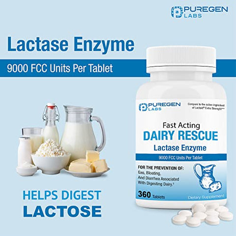 P Puregen Labs - Puregen Labs – Lactase Enzima 9000 FCC, Comprimidos para Intolerância à Lactose 360 Unidades