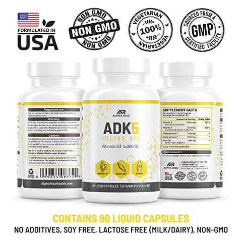 ALPHA RISE - ADK Suplemento de Vitamina em Óleo de Oliva para Melhor Absorção | ADK 5 Suplemento com Vitamina A D e K | 5000 UI de Vitamina D3 K2 (MK7 MK4) | 90 Cápsulas Líquidas | Vegetariano |