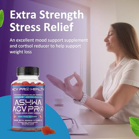 Promethean Wellness - Ashwa ACV Pro Health – Gomas de Vinagre de Maçã sem Açúcar, Gomas de Ashwagandha, Gomas Avançadas de ACV Keto, Suplementos de Ashwagandha com Vitamina D, Alívio do Estresse