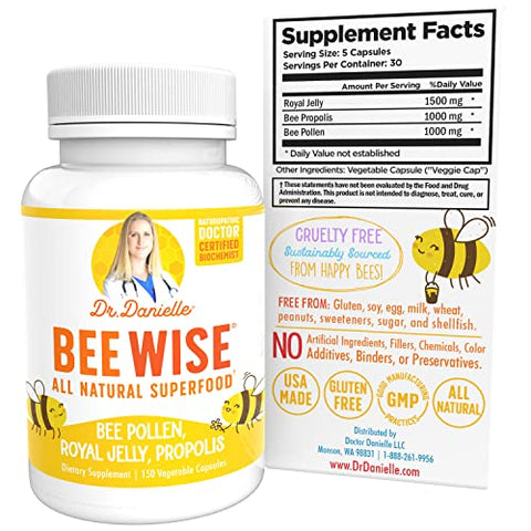 Doctor Danielle - Suplemento de Pólen de Abelha Dr. Danielle’s Bee Wise – Bem-estar com Geléia Real, Própolis e Pólen de Abelha em 4 Cápsulas Diárias de Pólen de Abelha