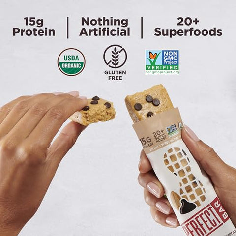 Perfect Bar - Barra de Proteína de Manteiga de Amendoim com Chocolate Amargo, Alta em Proteínas, Orgânica, Sem Glúten, Sem Soja, Não Transgênica, Sem Álcoois Açucarados, 65g, 10 Unidades