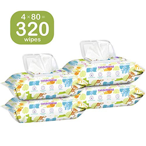 Lenços Umedecidos para Bebês Sensíveis à Água, Sem Perfume, 4 Pacotes com Tampa Flip (320 Lenços no Total) - HAPPY BUM