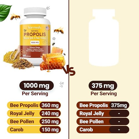 HARMONIFY - Extrato de Própolis, Geleia Real e Pólen de Abelha com Alfarroba – Suplemento Puro de Suporte Imunológico, Cápsulas Vegetarianas, Livre de Glúten, 1000 mg