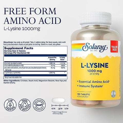 L-Lysine 1000 mg, Aminoácido Essencial para Suporte Imunológico com Vitamina C 1000 mg e Zinco 25 mg, Tamanho Econômico, Verificado em Laboratório, Garantia de 60 Dias - SOLARAY