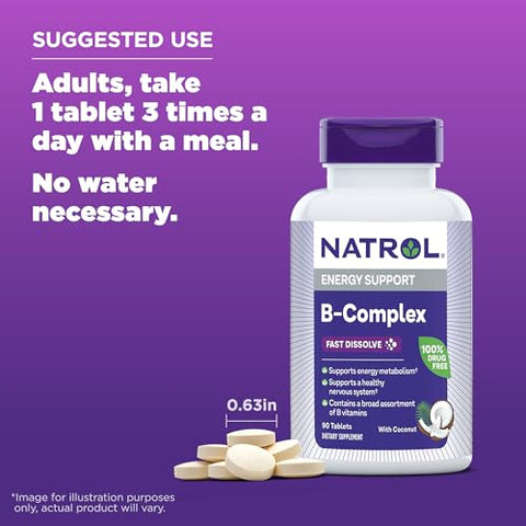 Fast Dissolve B-Complex: Suplemento Energético com Vitaminas do Complexo B, 90 Comprimidos, 30 Dias de Fornecimento - Natrol