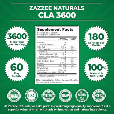 CLA 3600 – 180 Softgels, 3600 mg por Porção, Ácido Linoleico Conjugado do Óleo de Cártamo, Concentrado e Padronizado, Suprimento de 60 Dias, Não-OGM e Fabricado no Brasil - Zazzee