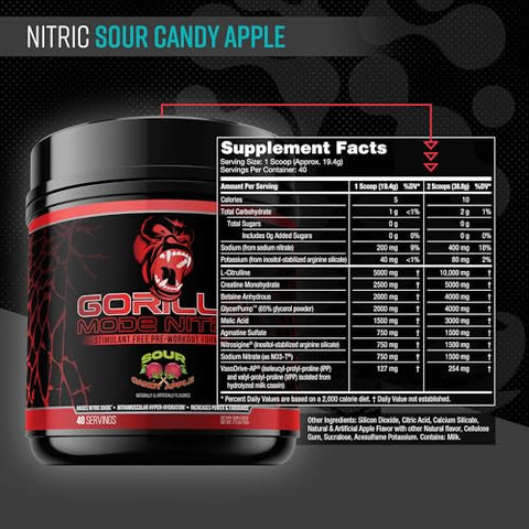 Gorilla Mind - Gorilla Mode – Pré-treino sem estimulantes com sabor incrível e máxima eficácia – Bombas Musculares Intensas · Vasodilatação · Potência / 776g (Maçã Doce Azeda)