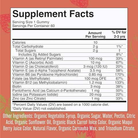 Gummy Vitamina | Crianças e Bebês de 2 anos | USDA | Vitamina C Diária | D3 | Zinco | Frutas Vermelhas e Cereja | Suprimento de 2 Meses - MaryRuth Organics
