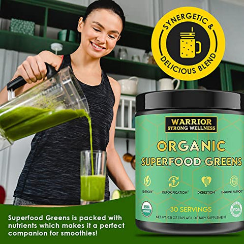 Warrior Strong Wellness - Pó de Verdes Orgânicos Certificados – 30 Porções – Superfood em Pó Verde, Bebida Detox Energizante, Pó de Frutas e Vegetais, Vinagre de Maçã, Extrato de Chá Verde