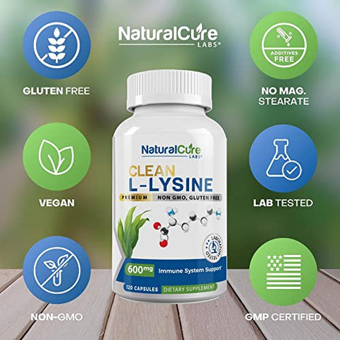Natural Cure Labs - Clean L-Lysine 600mg, 120 Cápsulas | Vegano, Não-OGM | Marca Clean
