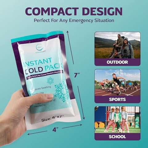 AllSett Health - Pacotes de Gelo Instantâneo para Lesões 25 Pacotes (7″ x 4″) | Gelado Instantâneo – Compressa Fria Descartável para Alívio da Dor, Primeiros Socorros, Inchaço, Dor de Dente, Atletas