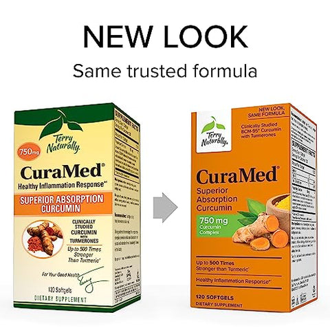 CuraMed 750 mg Complexo de Curcumina – 120 Softgels – Absorção Superior BCM-95 – Não-OGM, Sem Glúten, Halal – 120 Porções - Terry Naturally