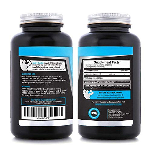 Vitamorph - Carnitina 1500 – Suplemento de Carnitina Acetil L-Carnitina 1500mg de Força Máxima – Suporta Energia, Memória, Foco e Gerenciamento de Perda de Peso – 120 Cápsulas Vegetarianas