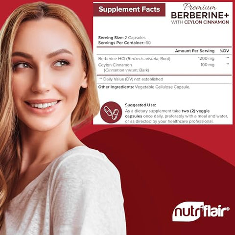 Premium Berberine HCL 1200mg + Canela Ceylon Pura – 120 Cápsulas | Sistema imunológico, gerenciamento de peso saudável - NutriFlair