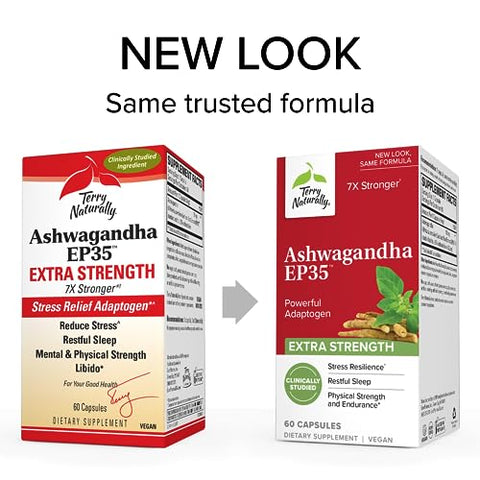 Ashwagandha EP35 Extra Strength – 60 Cápsulas, Pacote com 2 – Adaptógeno Poderoso – Não-OGM, Vegano – 120 Porções Totais - Terry Naturally